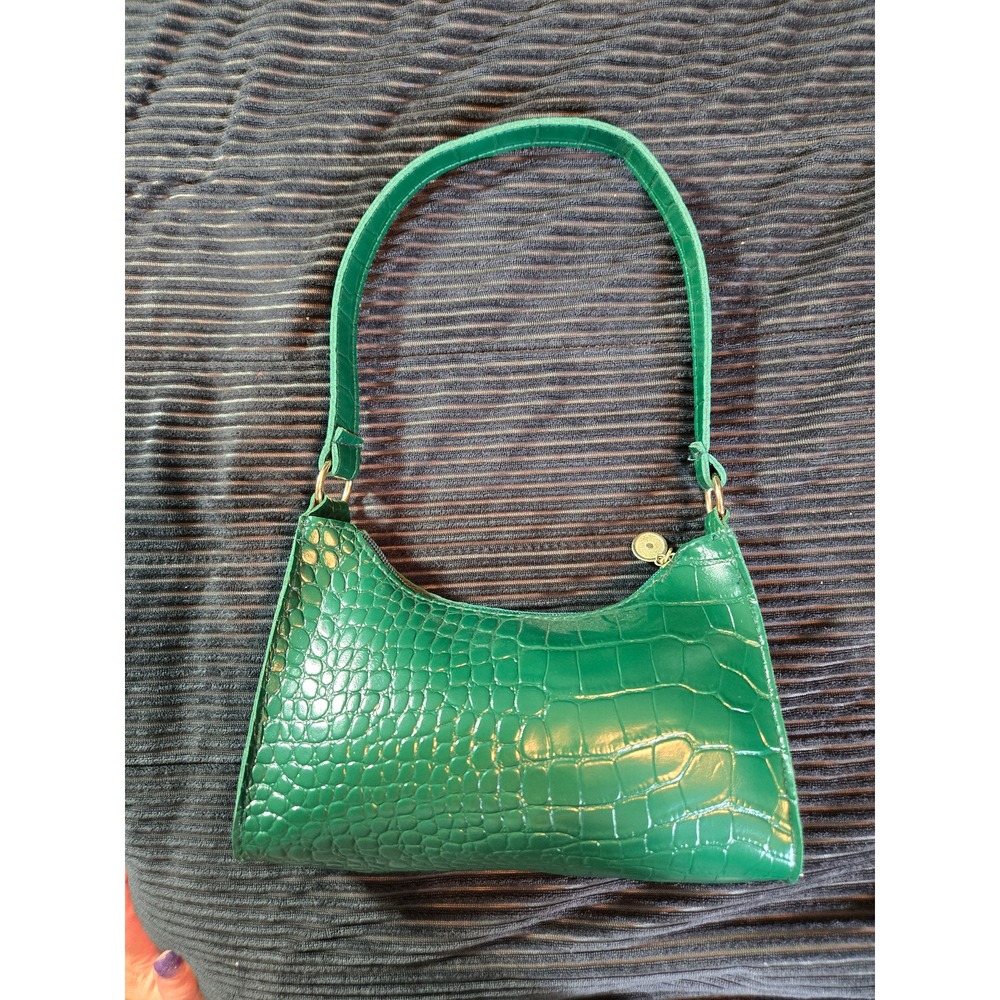 Green Faux Crocodile Embossed Baguette Shoulder Bag Emerald Gold Hardware